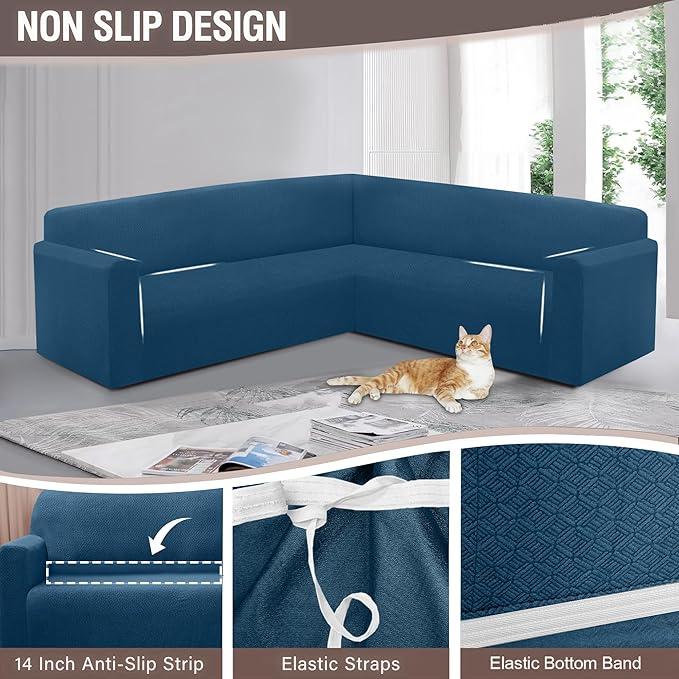 HDCAXKJ Sectional Couch Cover L Shape Stretch Sofa Covers Washable Jacquard Corner Couch Slipcover Non Slip Sectional Slip Cover U Shaped Furniture Protector for Pets Dogs (Dark Blue, Small)