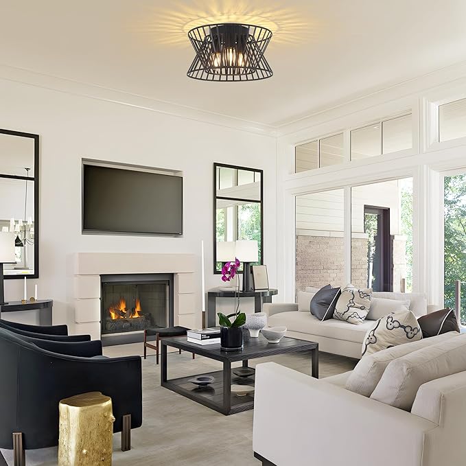 3-Lights Black Ceiling Light Vintage Geometric Chandelier Light Fixture Adjustable Metal Semi Flush Mount Lighting for Kitchen Room Dining Room Foyer