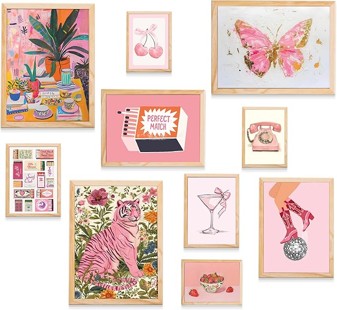 Preppy Room Decor Teen Girls Aesthetic Bedroom Decor, 10 pcs Framed Pink Wall Art, Leopard Print Wall Decor, Matchbox Poster, Aesthetic Y2K Preppy Wall Decor Prints