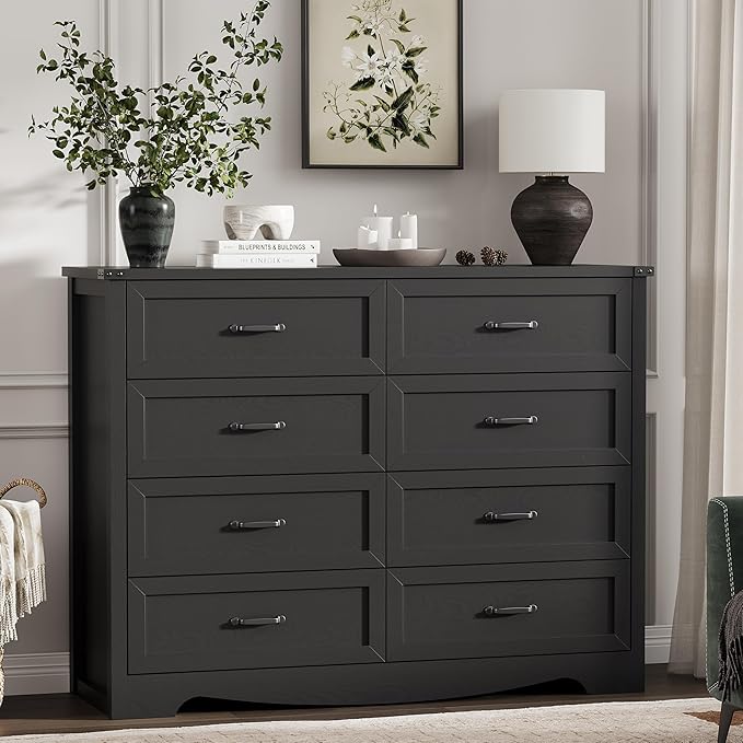 Dresser for Bedroom with 8 Drawers, 48" Wide Wood Chest of Drawers with Deep Drawers & Mental Handle, Modern Dresser TV Stand, Wooden Closet Storage Organizer for Living Room, Hallway, Entryway, Black