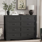 Dresser for Bedroom with 8 Drawers, 48" Wide Wood Chest of Drawers with Deep Drawers & Mental Handle, Modern Dresser TV Stand, Wooden Closet Storage Organizer for Living Room, Hallway, Entryway, Black