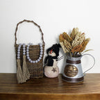 CVHOMEDECO. Wood Beads Garland with Tassels Farmhouse Rustic Wooden Prayer Bead String Wall Hanging Accent for Home Festival Decor. Grey Distressed