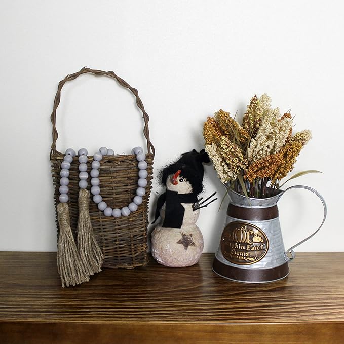 CVHOMEDECO. Wood Beads Garland with Tassels Farmhouse Rustic Wooden Prayer Bead String Wall Hanging Accent for Home Festival Decor. Grey Distressed