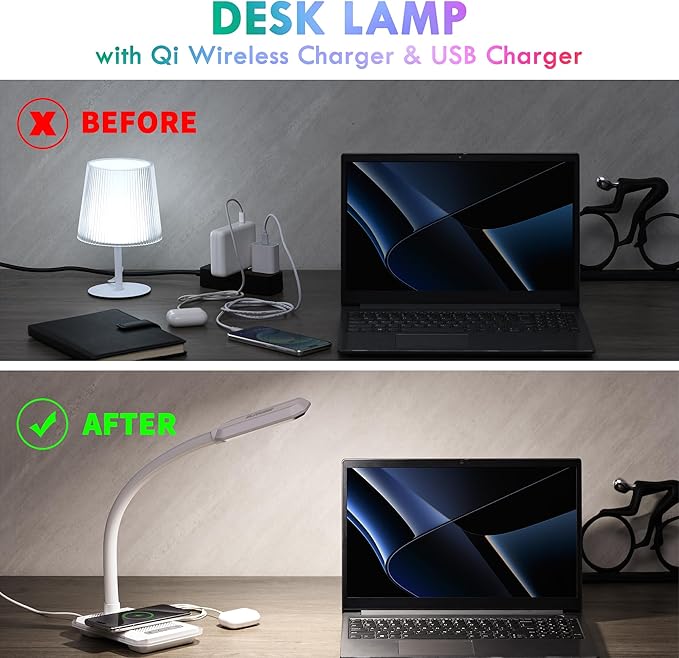 WILIT Desk Lamp with Wireless Charger, Music Sync RGB Color Changing Lights, Gaming Lamp with USB Charging Port, Touch Control Table Lamp, Desktop Light for Home Office Dorm Room, Birthday Gifts