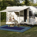 GENIMO Outdoor Rug Waterproof 5'x8' for Patio, Foldable Reversible Plastic Straw Carpet for Travel Trailers, Outside Area Mat for Rv, Deck, Picnic, Porch, Balcony, Beach, Navy Blue & Jade Green