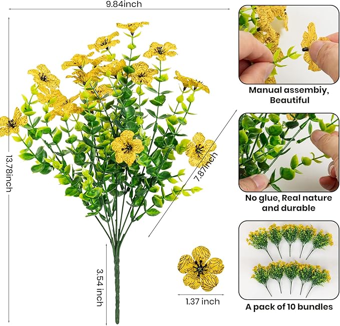 10 Bundles Artificial Faux Flowers for Outdoor,10Pcs Fake Flowers for Home Decor,Plastic Flowers Shrubs Lifelike Artificial Greenery Home Porch Stems Outside Decor(Yellow