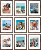 Vittanly 11x14 Picture Frames Set of 9, Shatter Resistant Plexiglass, Display 8x10 Pictures with Mat or 11x14 without Mat, Photo Frames for Wall or Tabletop, Engineered Wood, Brown