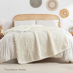 Chunky Knit Blanket Throw, 100% Hand Knit Throw Blanket Handmade Chenille Cable Knit Throw for Couch, Stylish Cozy Soft Rope Knot Crochet Blanket for Home Decor, Ivory, 40x50 Inches