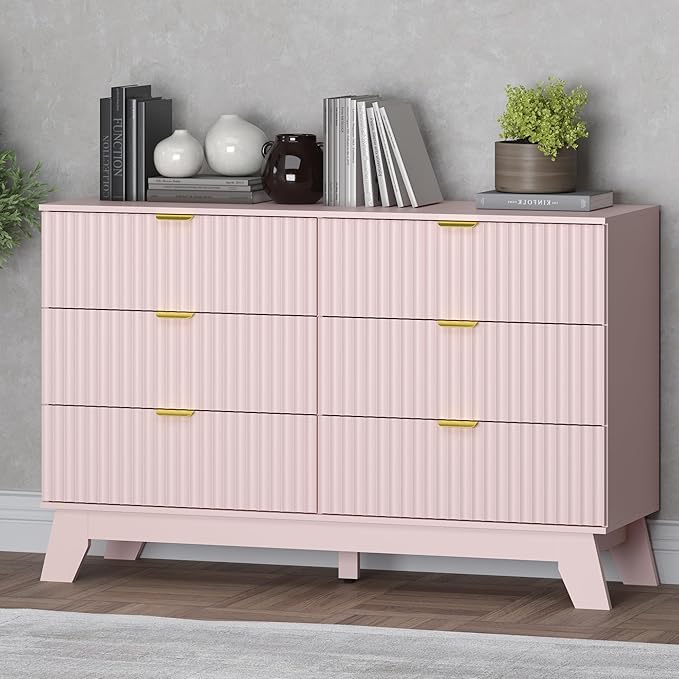 Fluted 6 Drawer Dresser, 47.2" Wide Modern Boho Chest of Drawers, Wooden Storage Dresser TV Stand for Bedroom, Living Room, Closet, Hallway, Curved Profile Design