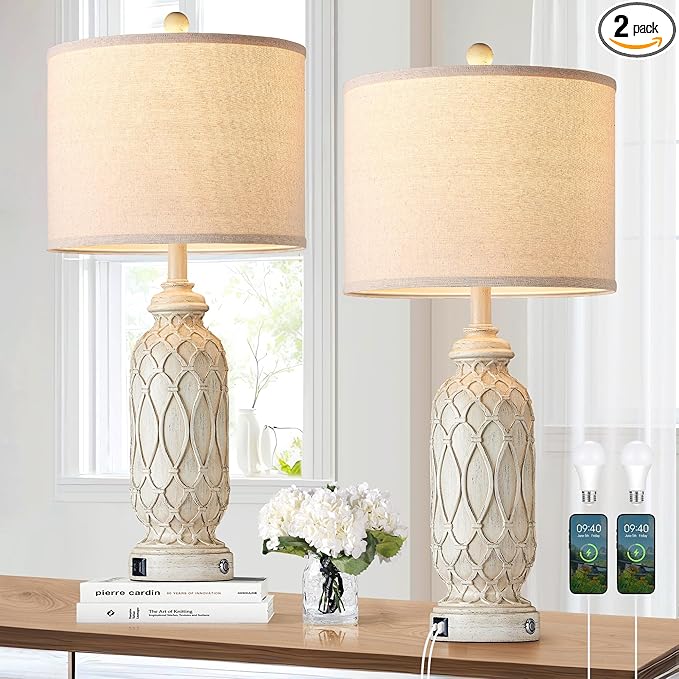 28" Table Lamps for Living Room Set of 2, Farmhouse Lamps for Bedroom with USB Ports, 3-Way Dimmable Nightstand Table Lamp (Bulbs Included)