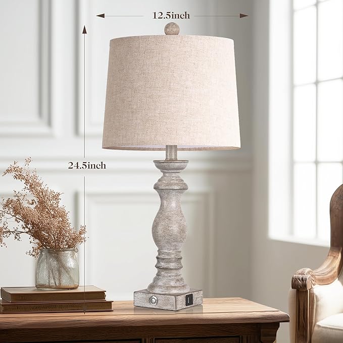 24.5" Table Lamp Set of 2, Rustic Farmhouse Bedside Lamps with USB A+C Charging Ports, 3-Way Dimmable Touch Control Nightstand Lamps for Living Room Bedroom, Antique Grey White, LED Bulbs Included