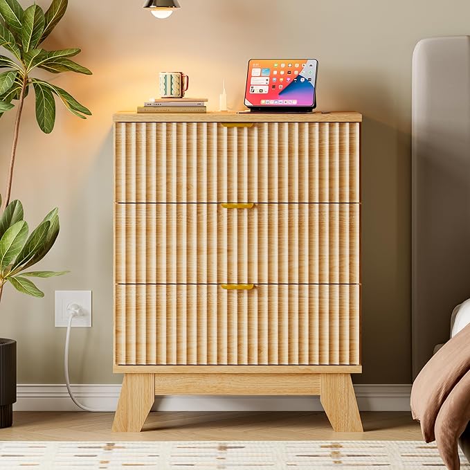 30.5" Nightstand with Charging Station, 3-Drawer Fluted Bedroom Chest, Wood Bedside Dresser with Power Outlets and USB Ports, Metal Slides, Stable Base, Modern Storage Cabinet for Small Spaces