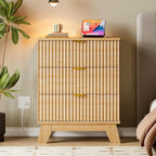 30.5" Nightstand with Charging Station, 3-Drawer Fluted Bedroom Chest, Wood Bedside Dresser with Power Outlets and USB Ports, Metal Slides, Stable Base, Modern Storage Cabinet for Small Spaces