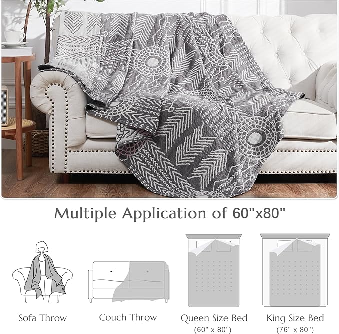 JINCHAN Boho 100% Cotton Muslin Blanket 3-Layer Twin Size Geometric Lightweight Reversible Soft Cozy Throw for Couch Sofa Bed All Season Coverlet Ideal Gift Bedroom Living Room Decor Grey 60x80 Inches
