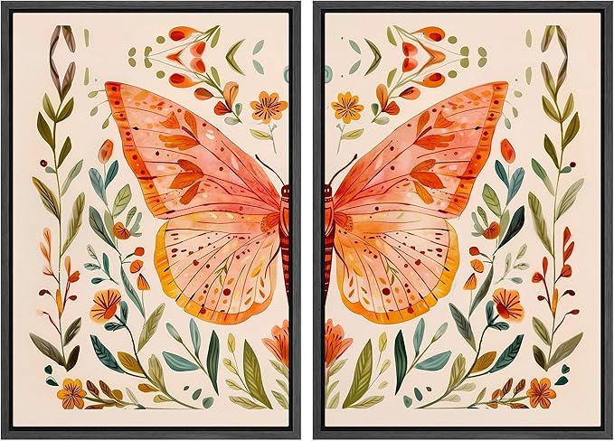 SIGNFORD Framed Canvas Print Wall Art Set Whimsical Butterfly and Florals Colorful Nature Illustration Modern Art Decorative Nordic Nature for Living Room, Bedroom, Office - 16"x24"x2 Black