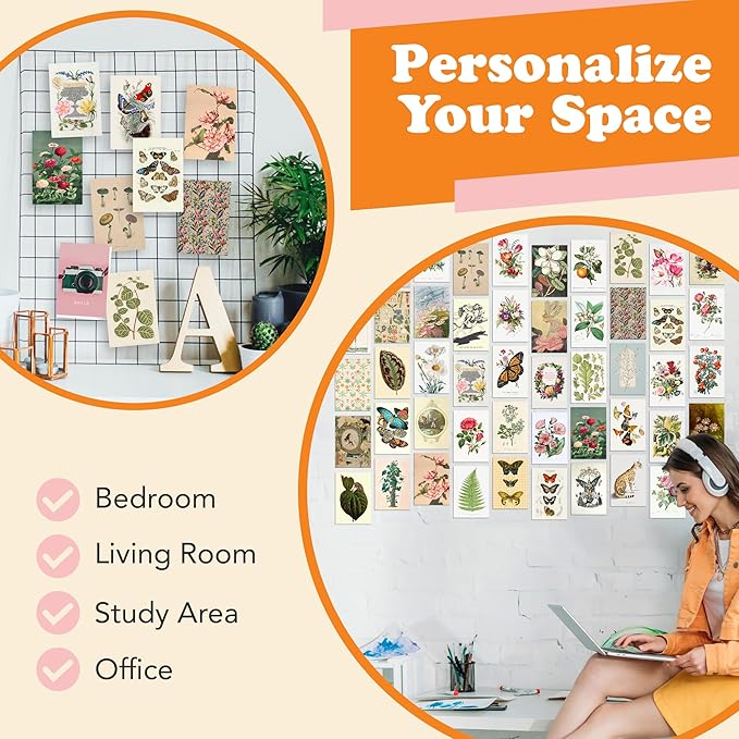 Artivo Vintage Decor Wall Collage Kit, Botanical Wall Collage Cards, Vintage Wall Decor Art Print, Bedroom Decor for Women, 50 Set 4x6 inch