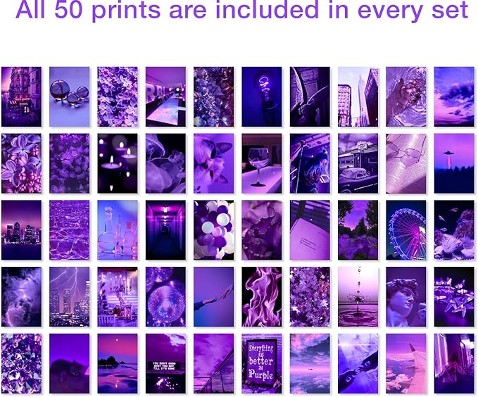 Y2K BOO Purple Aesthetic Wall Collage Kit - 50 Trendy Violet Photos for Dreamy Spaces, Perfect Room Decor for Teens, 4"x6" Stylish Purple Wall Art for College Dorms