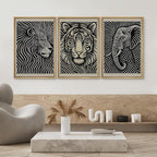 SIGNWIN Framed Canvas Print Wall Art Safari Animal Portrait Lion, Tiger, and Elephant Photography Modern Art Minimalist Black and White for Living Room, Bedroom, Office - 24"x36"x3 Natural