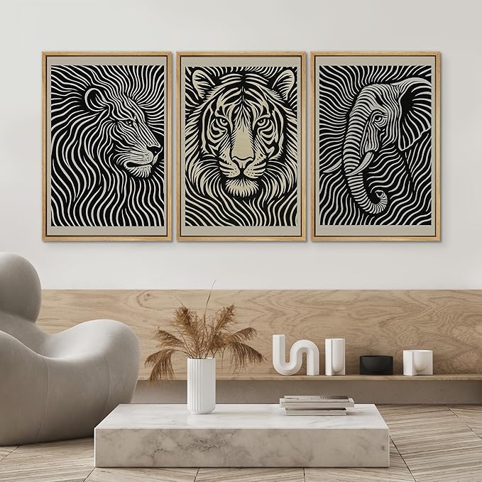 SIGNWIN Framed Canvas Print Wall Art Safari Animal Portrait Lion, Tiger, and Elephant Photography Modern Art Minimalist Black and White for Living Room, Bedroom, Office - 16"x24"x3 Natural