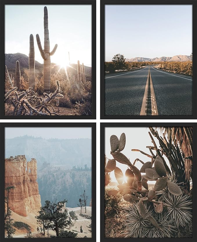 SIGNWIN Framed Cactus Desert Landscape Wall Art, Set of 4 Southwest Texas Arizona Saguaro Wall Decor Prints, Nature Wilderness Wall Décor for Living Room, Bedroom - 11"x14"x 4 Black