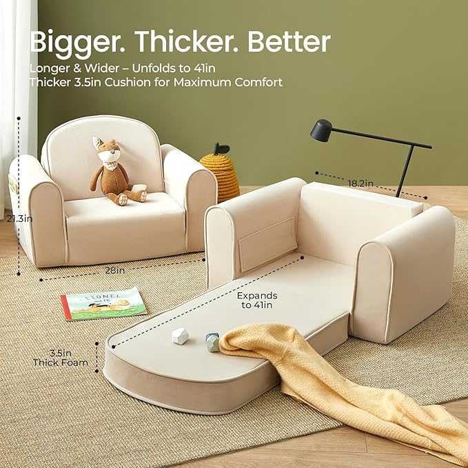 Tiny Land 2-in-1 Foldable Kids Couch with Pockets – Soft Thick Toddler Sofa, Lounger Couch, Convertible Kids Chair for Playroom, Bedroom or Living Room, Gift for Boys & Girls(Beige)