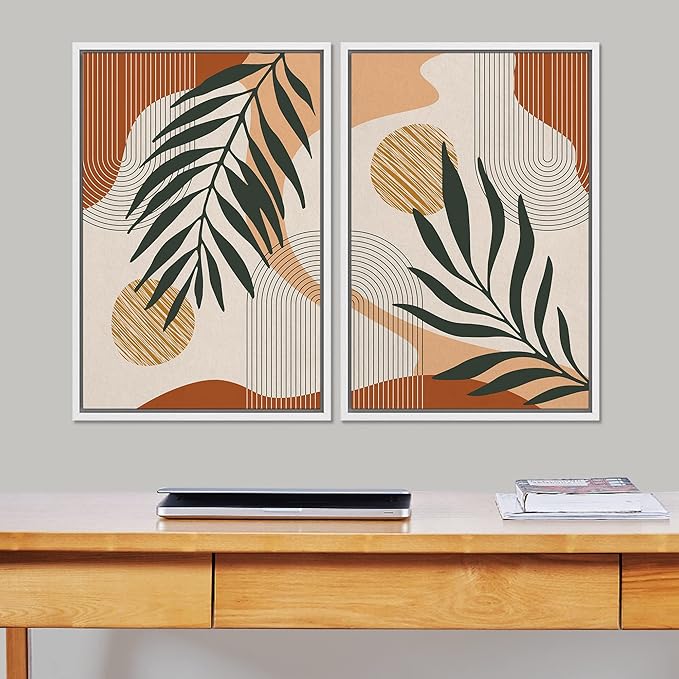 SIGNFORD Framed Canvas Print Wall Art Mid-Century Palm Leaf and Geometry Symbols Abstract Shapes Illustrations Modern Boho Nature Colorful Chic for Living Room, Bedroom, Office - 24"x36"x2 White