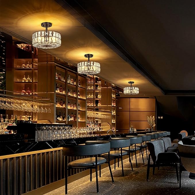 Modern Crystal Pendant Light Fixture Farmhouse Round Semi Flush Mount Ceiling Lights, Drum Shade 3LT Ceiling Lamp for Kitchen Island Dinning Room Bedroom, Hallway Black Finish