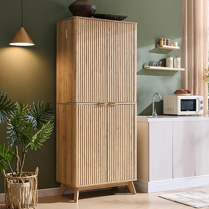 OKD Fluted Kitchen Pantry, 72" Tall Mid Century Modern Storage Cabinet with Adjustable Shelves & Door Organizer, Wood Cabinet for Kitchen, Living Room, Natural Oak