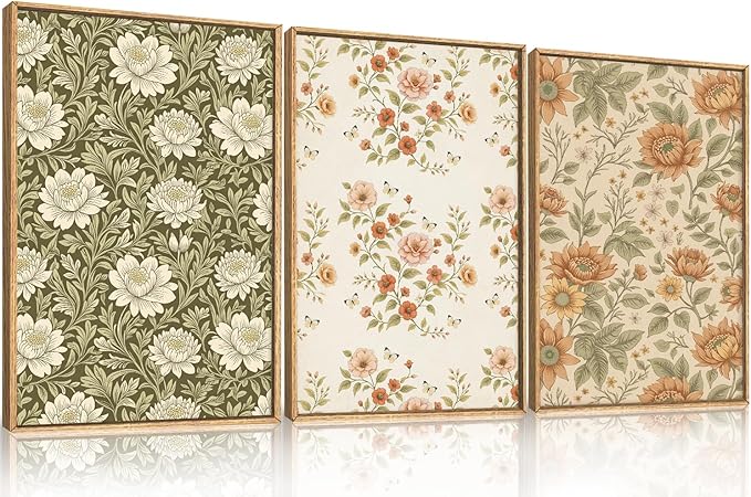 Celestdeco Vintage Pastoral Floral Framed Canvas Wall Art Set, Boho Colorful Flower Wall Decor, Peony Wildflower Wall Painting, Retro Botanical Art Prints for Living Room, Bedroom, Office - 24"X36"X3