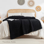 Chunky Knit Blanket Throw, 100% Hand Knit Throw Blanket Handmade Chenille Cable Knit Throw for Couch, Stylish Cozy Soft Rope Knot Crochet Blanket for Home Decor, Black, 50x60 Inches