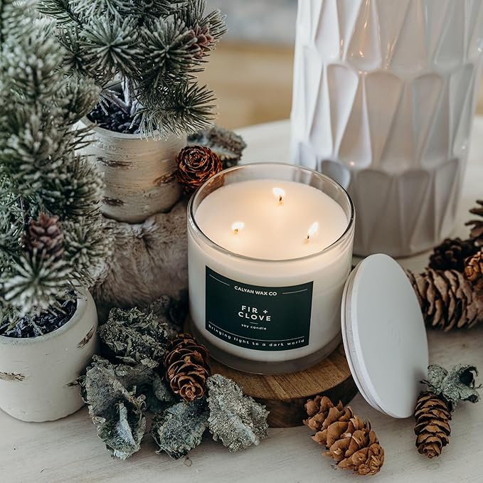 Calyan Wax Co. 3 Wick Candle, Fir + Clove Scented Candle, 43 Hour Burn Time, 3 Wick Soy Candles, Non Toxic & Vegan Soy Wax, Glass Jar Holiday Scented Candles, 14.9oz