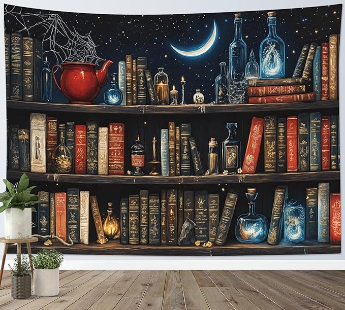 LB Fantasy Bookshelf Tapestry, Horror Spider and Vintage Book with Moon Wall Tapestry for Bedroom Aesthetic, Trippy Galaxy Wall Art for Living Room Dorm Home Decor Ready to Hanging, 92.5 x 70.9 Inches