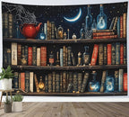 LB Fantasy Bookshelf Tapestry, Horror Spider and Vintage Book with Moon Wall Tapestry for Bedroom Aesthetic, Trippy Galaxy Wall Art for Living Room Dorm Home Decor Ready to Hanging, 92.5 x 70.9 Inches