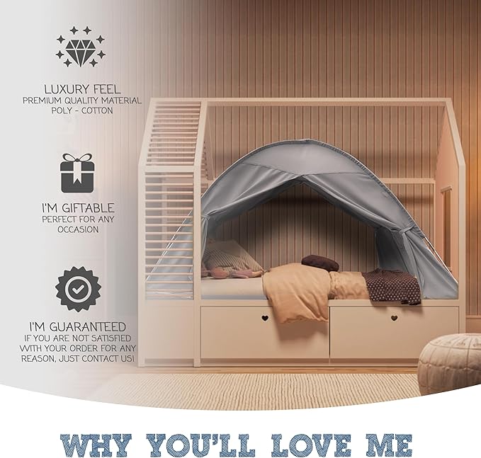 Gray Full Bed Tent for Kids Indoor Fort - Magical Dream Tents for Boys Pop Up Toddler Bed Canopy for Girls Bunk Bed Tent for Top Bunk - Sensory Sleep Pod for Kids Educational
