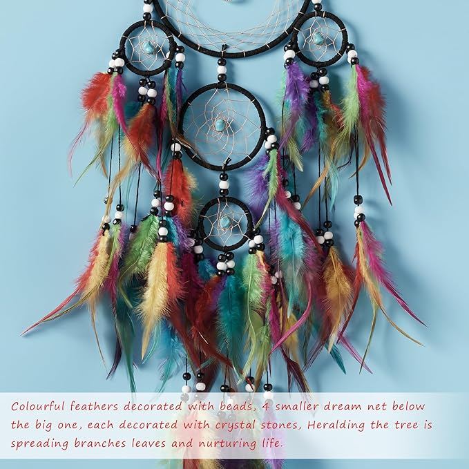 Pretty Jolly Colourful Feather Dream Catchers Wall Decor with Chakras Tree of Life Crystal Stone Ornament Handmade Dreamcatchers for Adult Boys Girls Bedroom Dorm Party Birthday Blessing Gift-5Rings