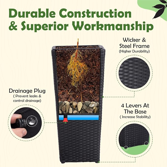 IDZO Wicker All-Weather Planter Set with Liners Tall Plant Decor Box for Outdoors Patio Herb Garden Furnishings - Rectangular Mocha