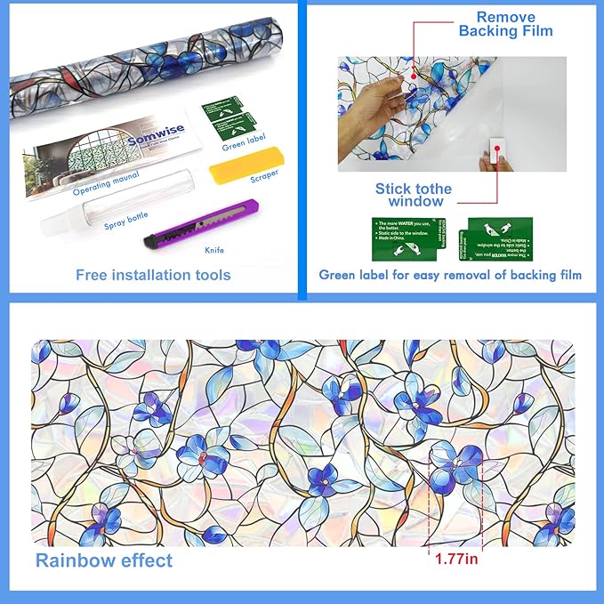 Window Privacy Film Stained Glass Decorative Static Clings Rainbow Window Tint for Home Room Decor Bathroom Door Car Stickers with Iridescent Effect, Removable(Blue Violet Botanical)