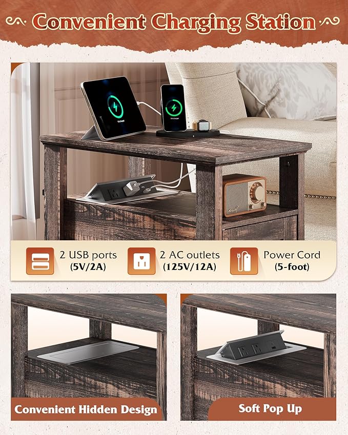 WLIVE Farmhouse End Table with Charging Station, Narrow Side Table for Living Room, Night Stand with Storage , Small Wooden Cabinet with USB Ports and Outlets for Bedroom, 23.62"D x 13.98"W x 23.7"H
