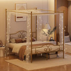 Weehom Canopy Bed Frame Queen Size with Headboard and Footboard, Four-Poster Canopy Bed Metal Platform Mattress Foundation Underbed Storage No Box Spring Needed Easy Assembly, Gold