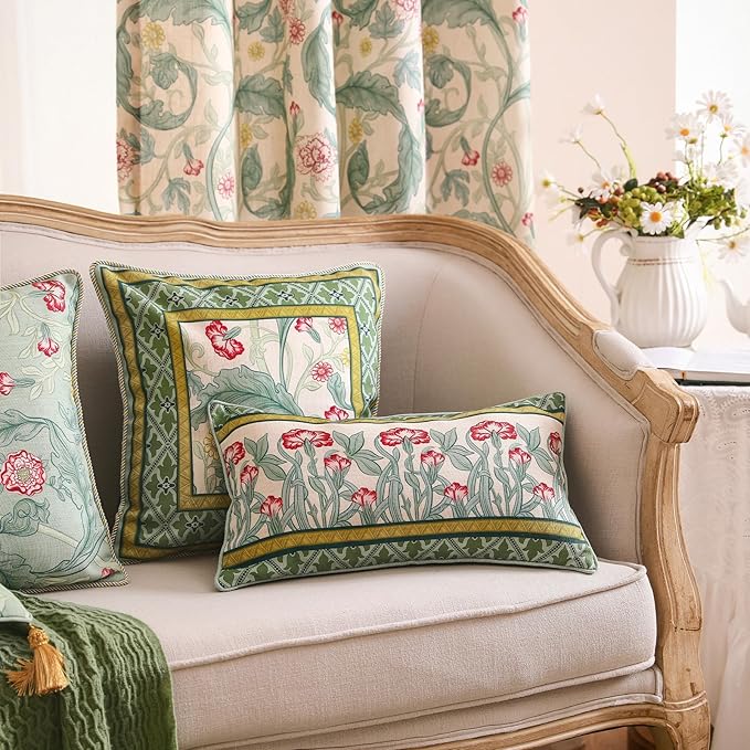 patdrea Designer Pack of 4 Throw Pillow Covers,French Vintage Rustic Linen with Green Floral Pattern Pillows Cover,Decorative Lumbar Square Pillowcases Cushion for Bed Living Room Outdoor Car