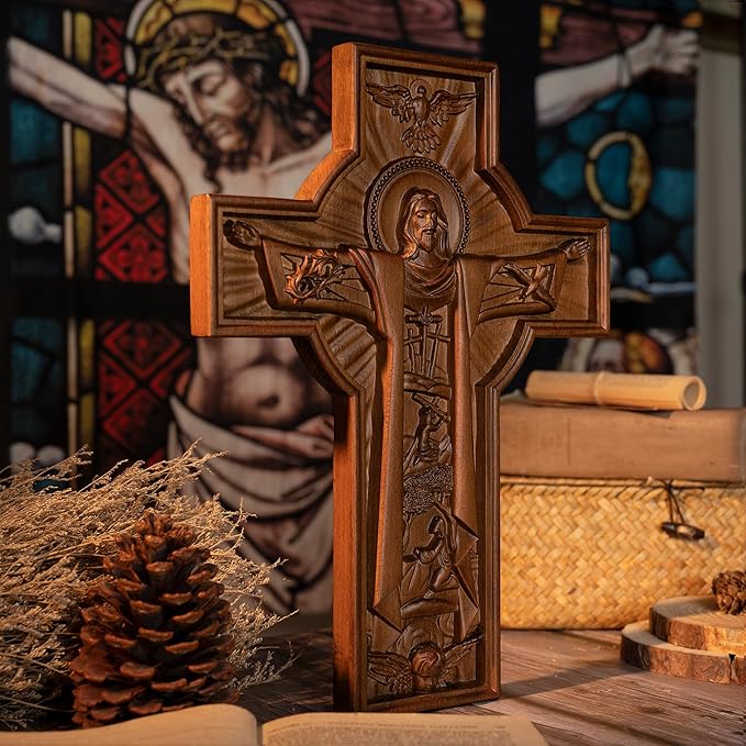 BGCOPPER Jesus Crucifix Wall Cross Handmade Wooden Cross for Wall Decor for Home Room Christmas Gift