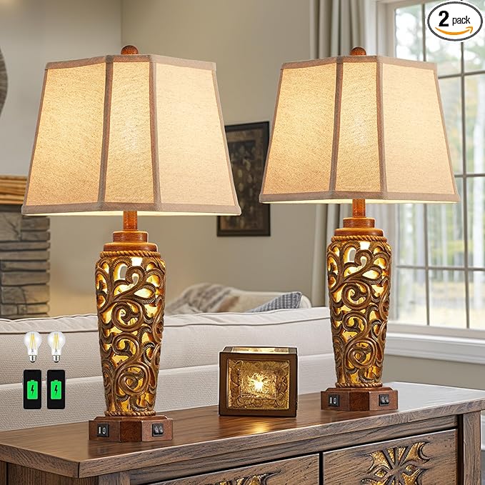 27" Set of 2 Farmhouse Table Lamps for Living Room Bedroom, Rustic Bedside Lamp with USB A+C Ports, Red Brown Resin Vintage Nightstand Lamps with Night Light, 2 Bulbs Include