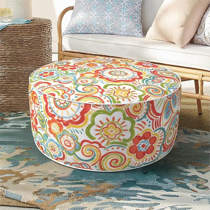 Inflatable Ottoman Stool D21 xH9 for Outdoor/Indoor Use, Water Repellent Patio Foot Rest Stool with Portable Handle,Round Pouf Ottoman Suitable for Garden,Deck and Camping - Flower Red