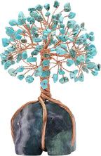 Crocon Howlite Green Turquoise Gemstone Money Tree with Fluorite Rough Wire Wrapped Base | Feng Shui Bonsai | Ornament Figurine | Chakra Balancing | Reiki Crystal Healing | Spiritual | Decor Size 5-6"
