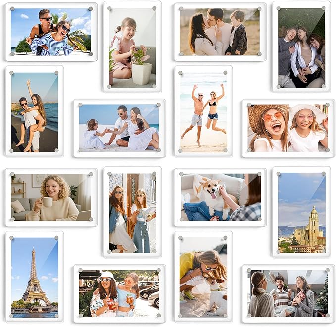 DomeStar Magnetic Acrylic Picture Frame 2.4 x 3.5 Inch, 16 Pack Double-Sided Photo Holder for Refrigerator, Locker, or Metal Cabinet, Fits Instant Photo, Mini Film, Notes & Pictures
