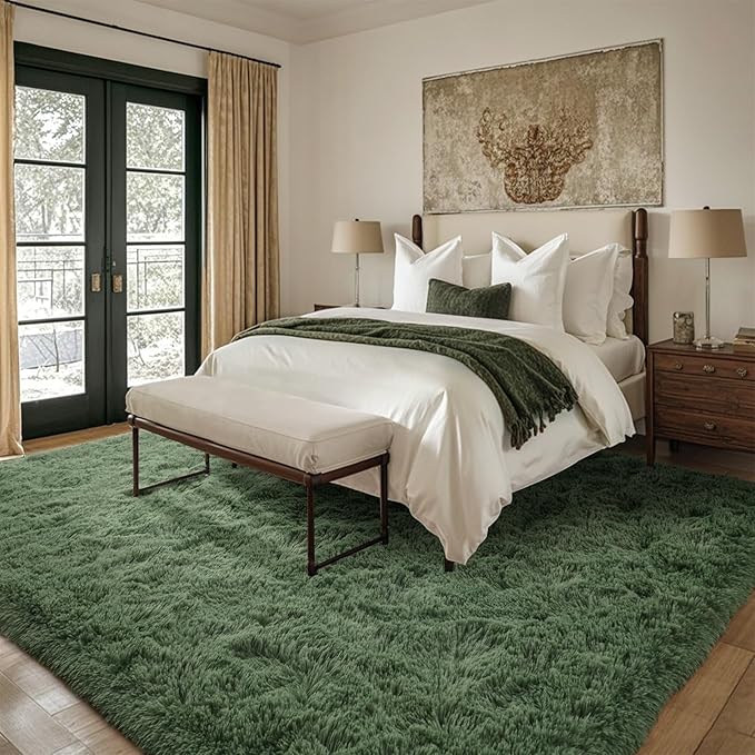 8x10 Ft Extra Large Shag Green Area Rug for Living Room, Ultra Soft Fluffy Furry Rugs for Bedroom Classroom Indoor Floor, Aesthetic Carpet for Kids Home Decor