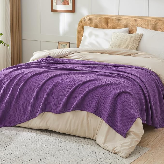 EMME Cotton Muslin Twin Blanket Breathable Gauze Blanket Soft Lightweight Blankets Adults Gifts for Women (Purple, 60"x80")