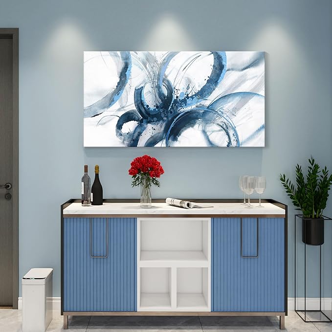 Blue Wall Art Large Pictures for Living Room Abstract Wall Decor Wall Decoration Print Pictures Canvas Framed Artwork Minimalist Paintings for Office Above Bed Wall Decor 24×48in