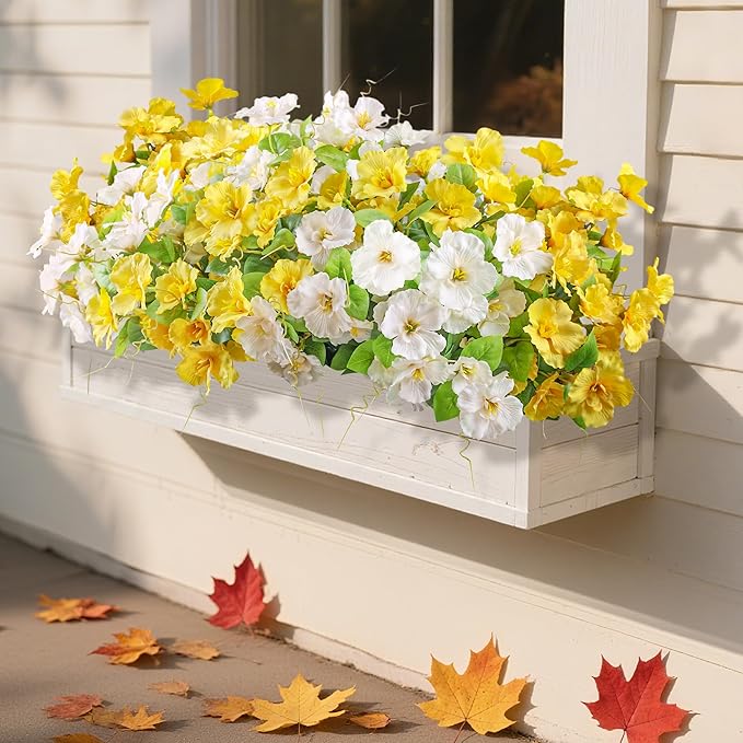Fall Flowers Fake Flowers Mums for Outdoors Autumn Decoration, 6 Bundles Artificial Flowers Faux Silk Plants Realistic UV Resistant for Outside Planter Patio (Yellow White)