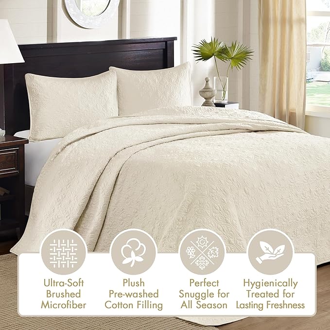 Madison Park Quebec King Size Quilt Bedding Set - Ivory , Damask – 3 Piece Bedding Quilt Coverlets – Ultra Soft Microfiber Bed Quilts Quilted Coverlet
